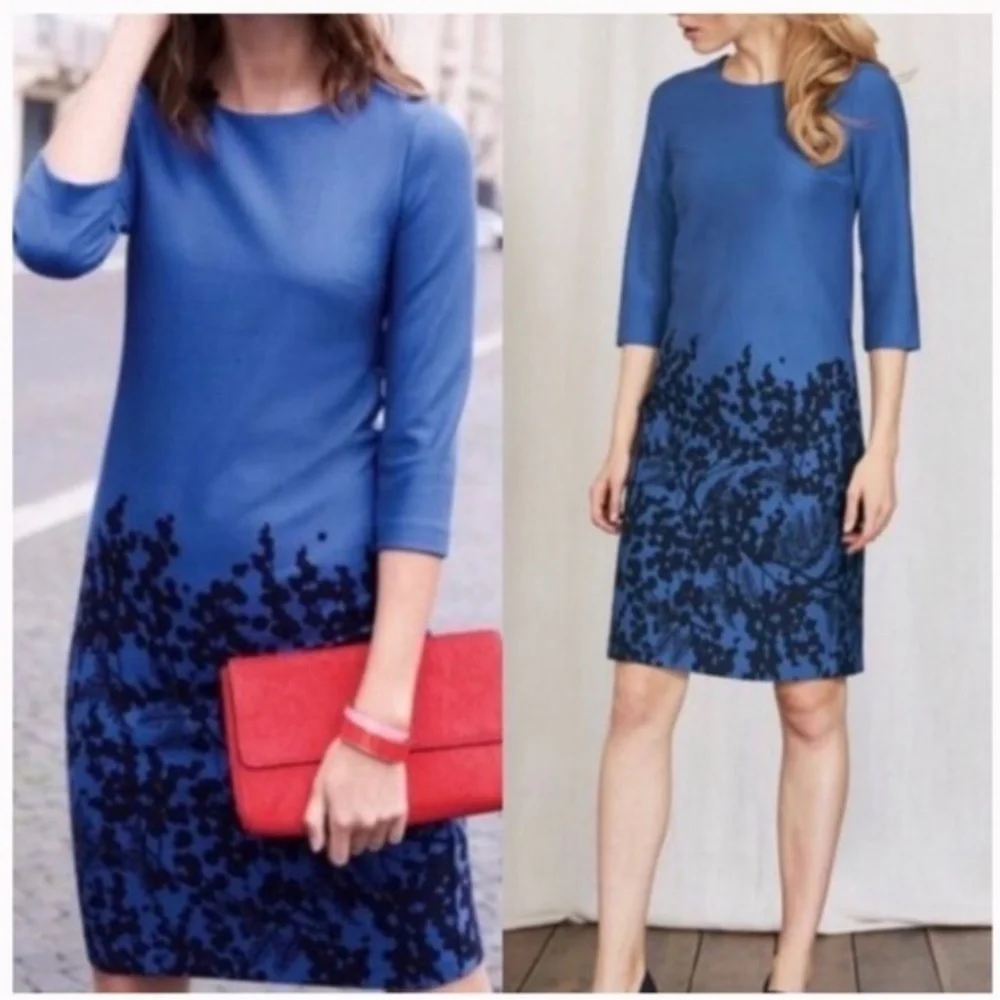 Boden Sheath Dress Stretch Ponte Fabric Blue Black Print 3/4 Sleeve Zip Back